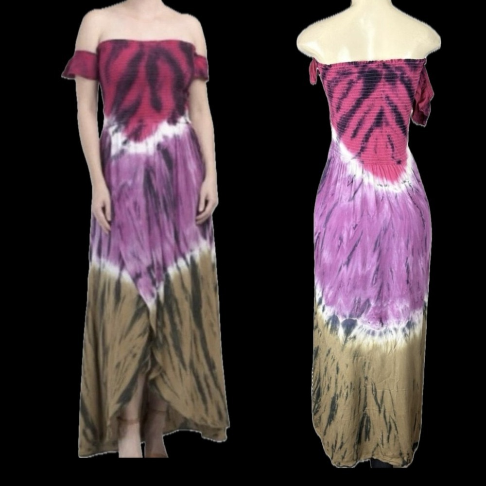 Young Fabulous & Broke Tie Dye Smocked Off Shoulder High Low Maxi Dress Medium